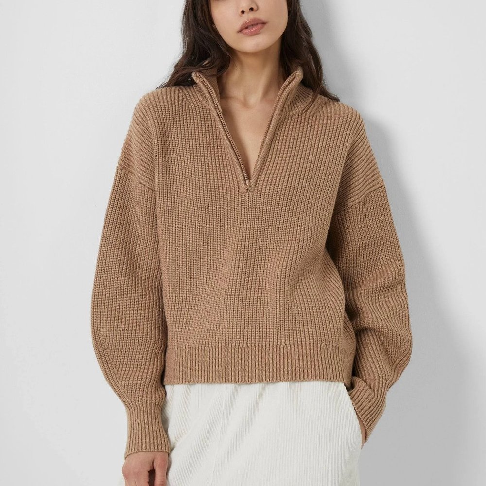 BNWT FRENCH CONNECTION  Lydia Half Zip Sweater in CAMEL Size M